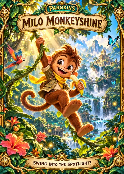 Milo Monkeyshine swinging through a golden jungle